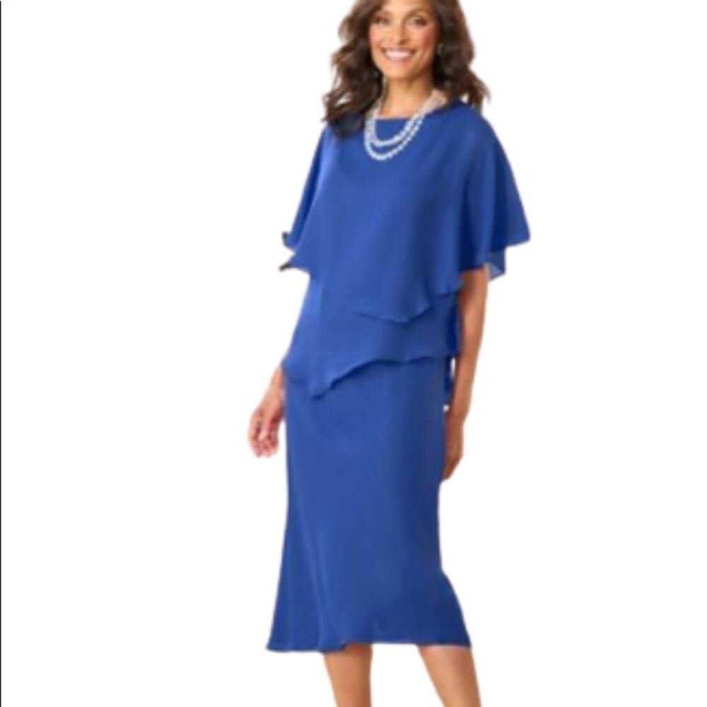 Drapers & Damon Dress Cobalt Blue Georgette Flutter Tiered Two Piece Size 12